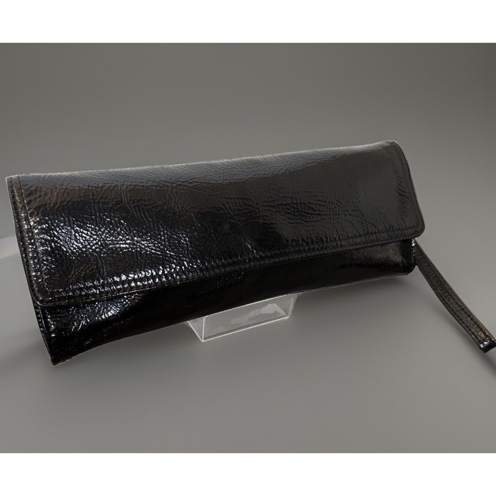 Charles David Clutch Black Crinkled Patent Leather Wristlet Silver Metal Accents